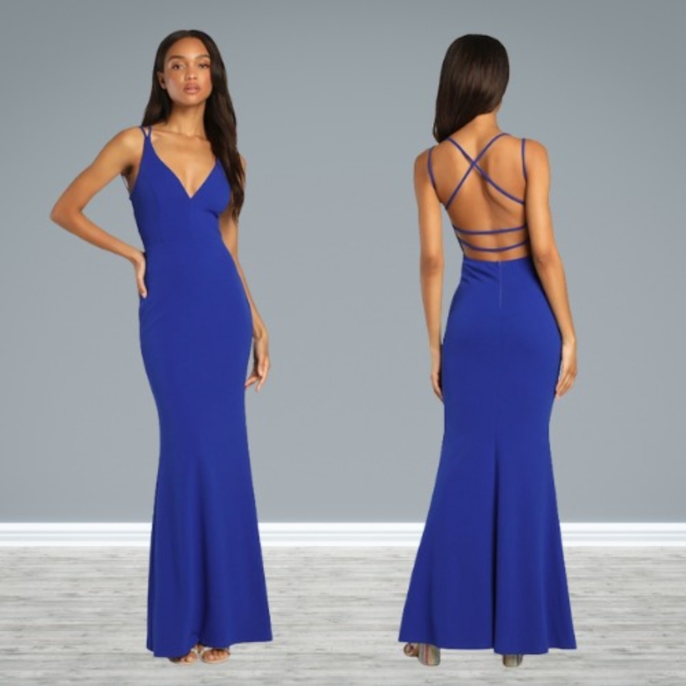 Lulus All this Allure Royal Blue‎ Strappy Backless Mermaid Maxi Dress Small READ